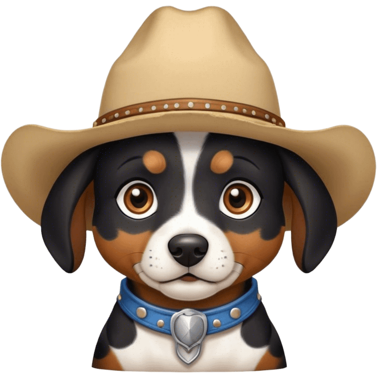 Black small Spotted dog that has brown eyes and cowboy hat  emoji