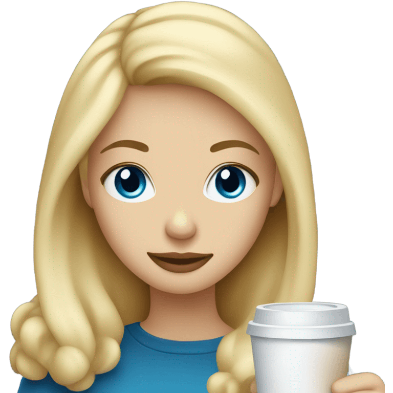 Blonde girl holding a coffee with blue eyes emoji