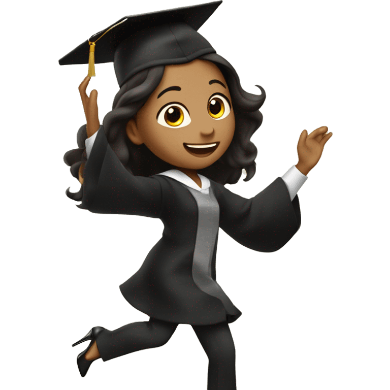 Girl with long dark brown hair, wearing black high heels, dancing celebrating graduation from cooking school emoji