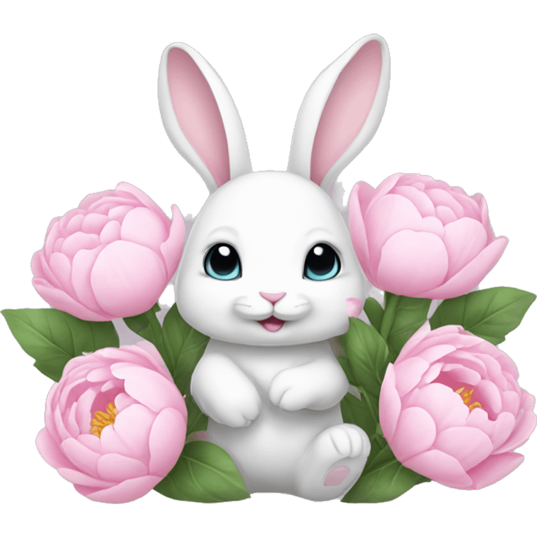 cute white bunny holding light pink peonies emoji