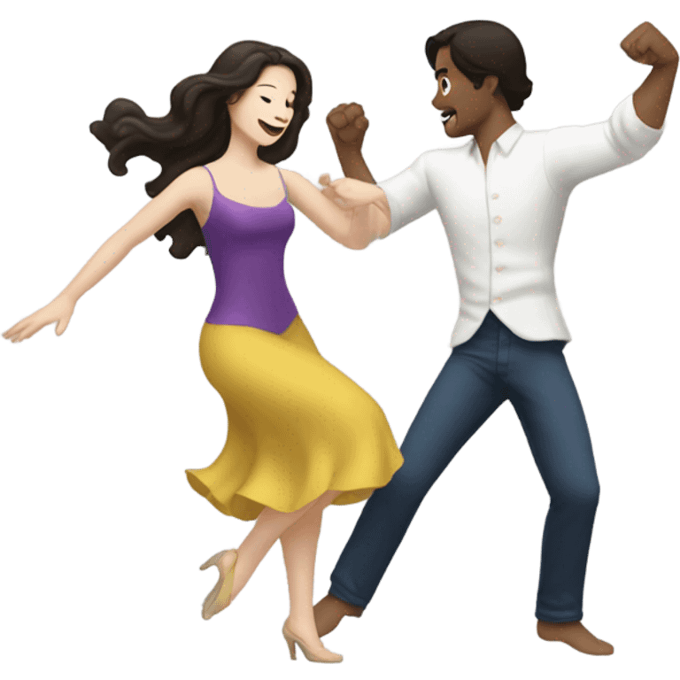 A pale half Asian man with short dark hair and white woman with long wavy brunette hair dancing together emoji