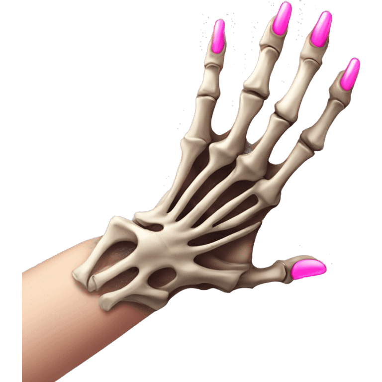 Pretty skeleton 5 fingers hand with pink nails manicure girly design but stylish minimalistic emoji