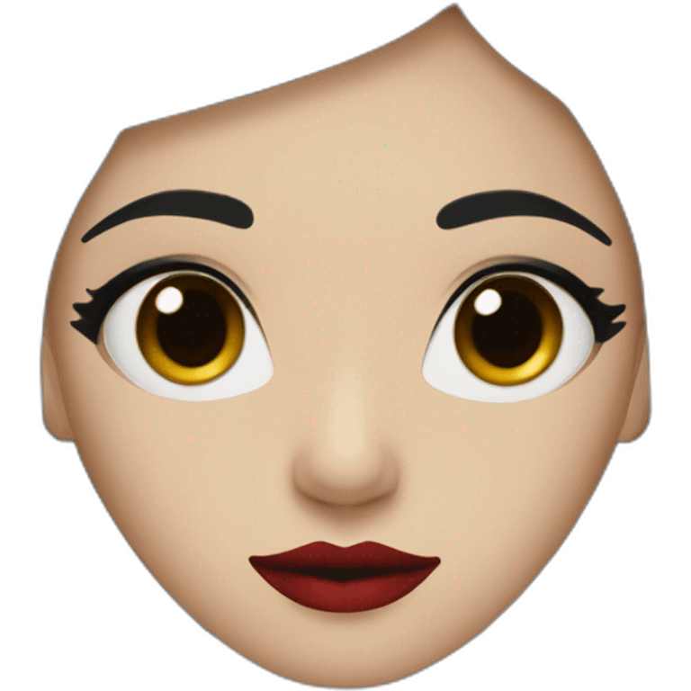 long straight black hair, red lipstick, black eyes, white skin and a small nose emoji