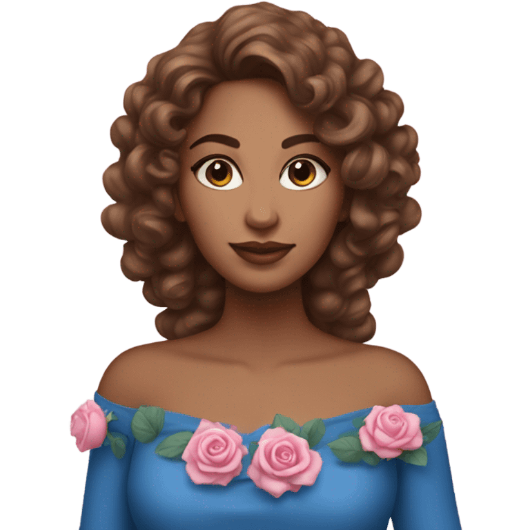 Realistic brasilian woman with longer brown currly hair with pink roses & wearing style blue dress elegantly  emoji