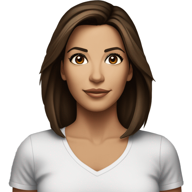 3/4 face, contrasted, shadow, light, Eva Longoria expression, standing from a distance, thin nose, brunette woman, hazel eyes, long eyelashes, dark shoulder shaded hair, white t-shirt, jeans, white sneakers emoji