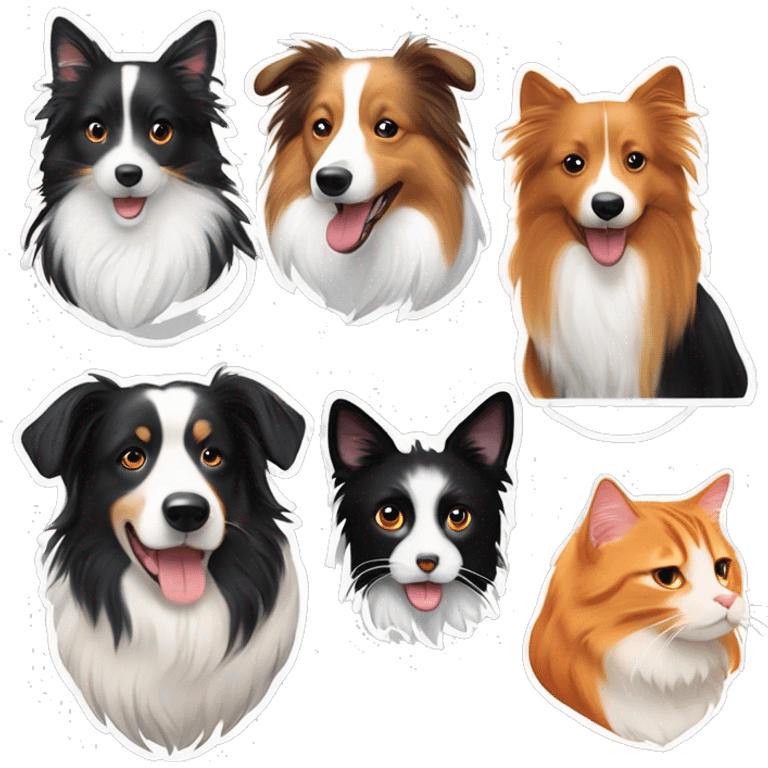 Sticker of a border collie, a sheltie, a black and white cat, a long-haired orange cat and a short-haired orange cat emoji