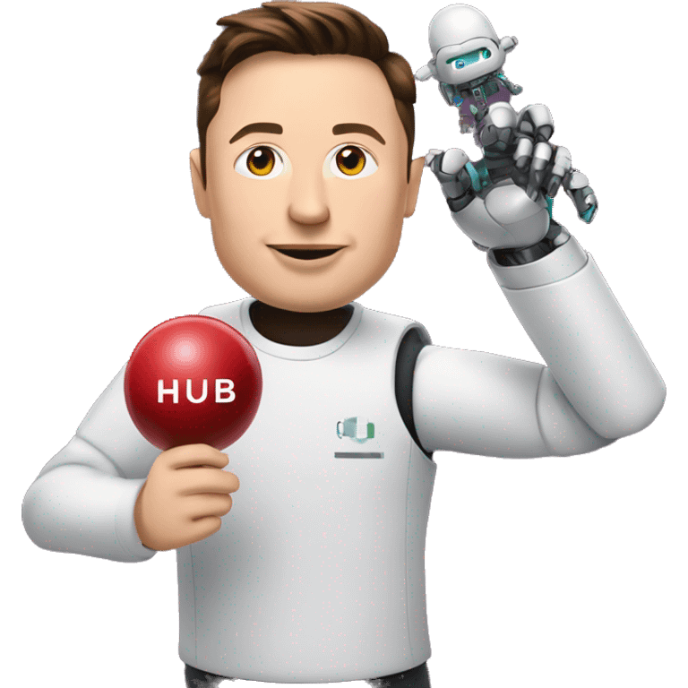 Elon musk holds a robot on his hand with the inscription digital hub emoji