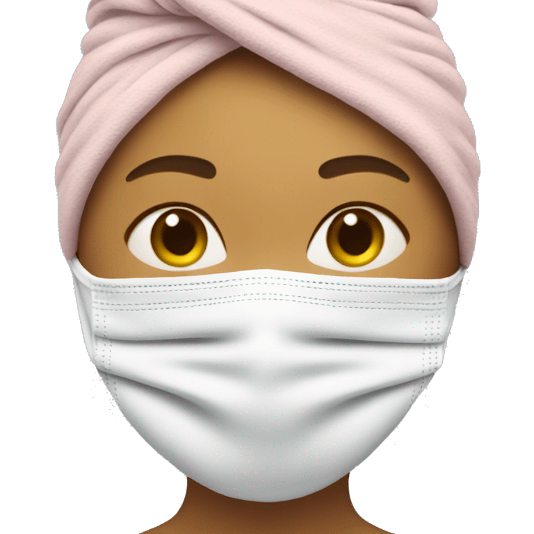 Woman with towel on head and face mask on  emoji