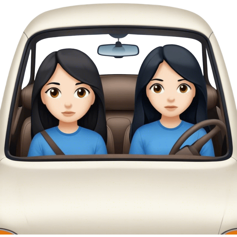 Two girls both with black long hair brown eyes different one with a blue shirt one with a black shirt in a white car driving to a destination emoji