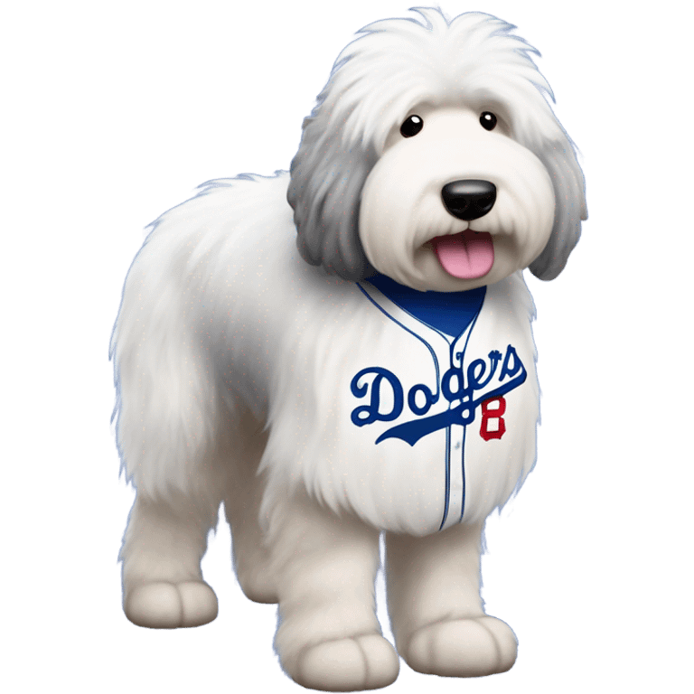 Old English Sheepdog full height wearing a Los Angeles dodgers baseball jersey emoji