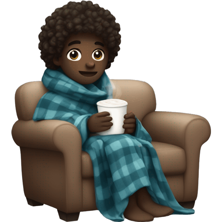 Make a boy that’s dark skin with curly hair in a blanket drinking hot cocoa  emoji