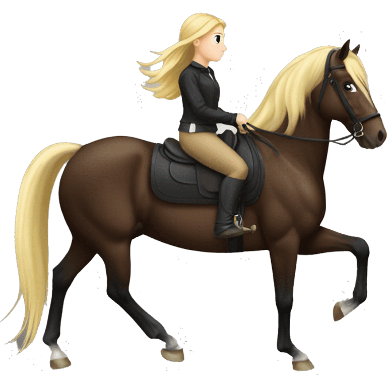 Dark bay horse and blonde girl kn horseback emoji