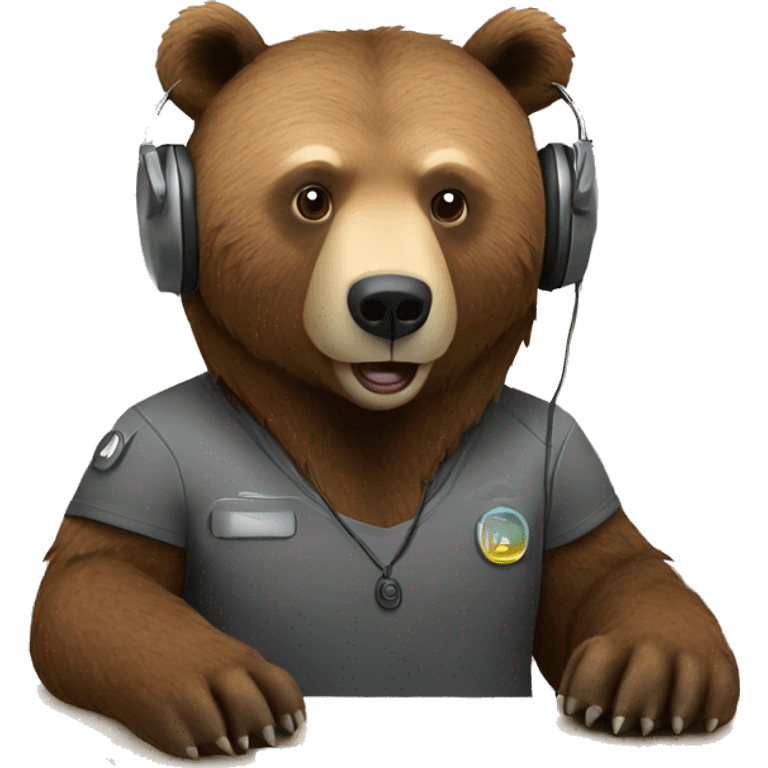 Grizzly bear wearing headset at a desk with a PC emoji