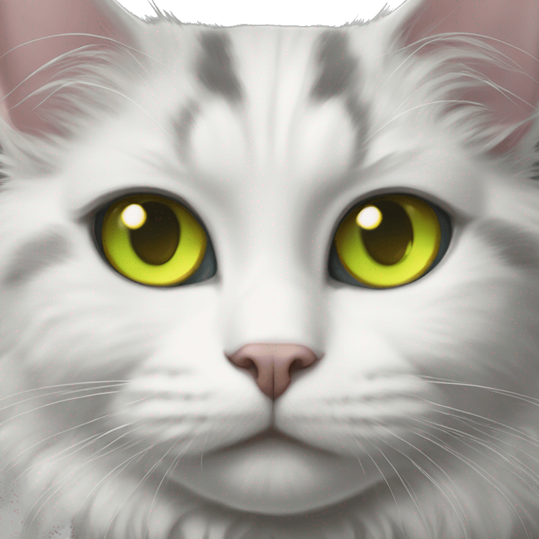 fluffy gray and white tuxedo cat with yellow green eyes emoji