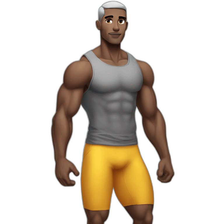 Buff skinny man with gray skin posing for Instagram fitness model emoji