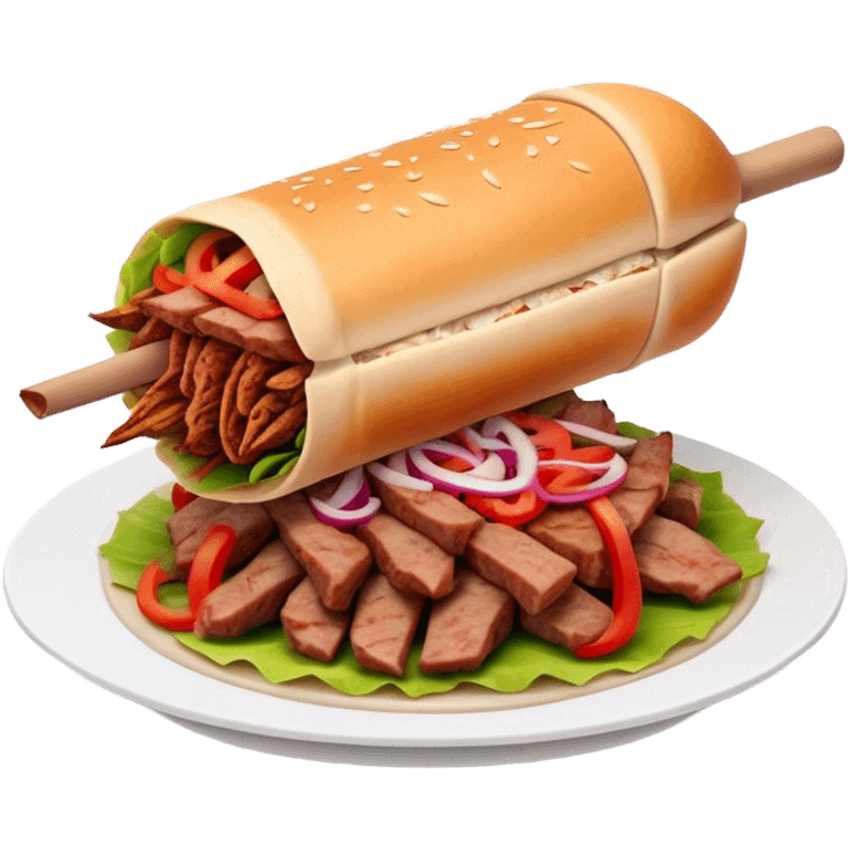 Cinematic Realistic Doner Kebab Dish Emoji, showcasing succulent, spiced meat shaved from a rotating spit rendered with lifelike detail and dynamic, appetizing lighting. emoji