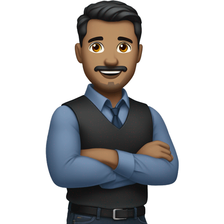  emoji of a man with short dark hair, clean-shaven, goatee and mustache.  wearing a formal button-up dark blue shirt, black pants, and a belt. smiling  with a smartwatch on his wrist.  resemble professional attire. smaller eyes  emoji