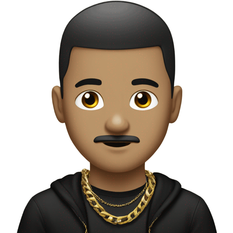 Withe boy with black buzz cut and big black mustache and gold chain in rapper t shirt  emoji