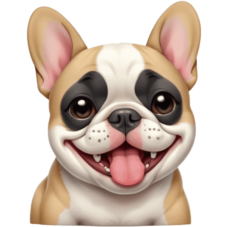 Cinematic Cute Yawning Pied French Bulldog Portrait Emoji, Head tilted with an exaggerated, endearing yawn and sleepy, squinty eyes, showcasing a unique pied fur of contrasting colors with a playful expression, simplified yet irresistibly adorable, highly detailed, glowing with a soft, cozy radiance, high shine, exuding a relaxed, humorous charm, styled with a gentle, soft glowing outline, capturing the essence of a Pied French Bulldog in a blissfully cute yawn that warms the heart! emoji