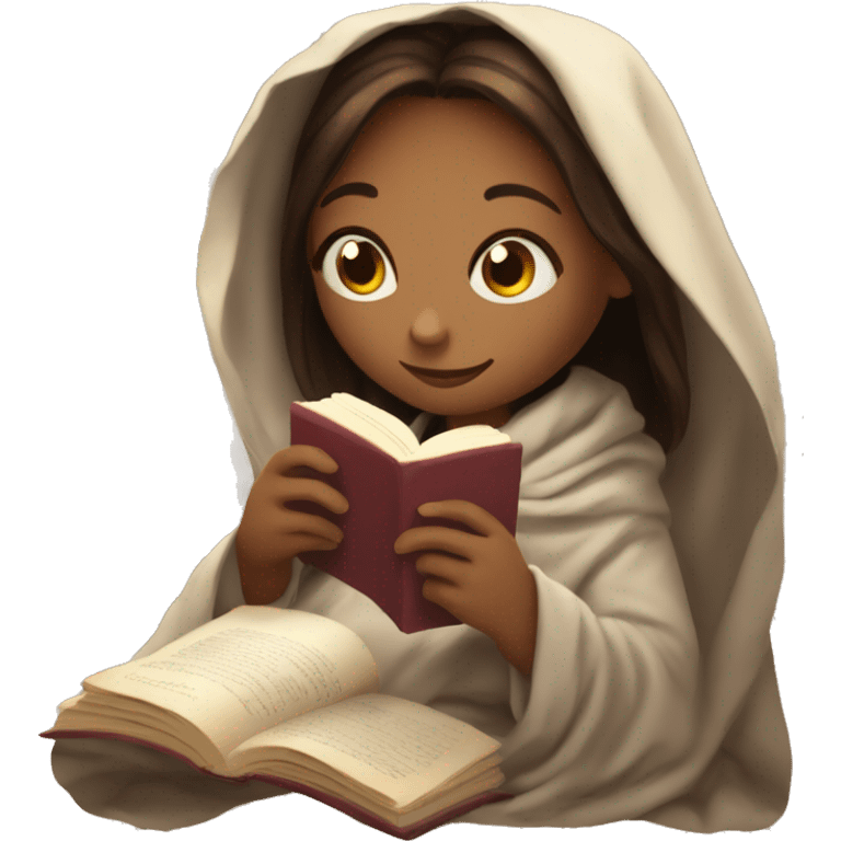 Girl reading a book under a blanket with coffee in her hands emoji