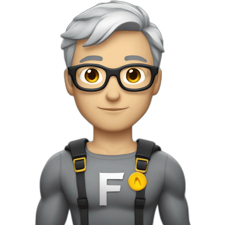 Caucasian Superhero upper body grey short hair and glasses with an "F" in the chest emoji