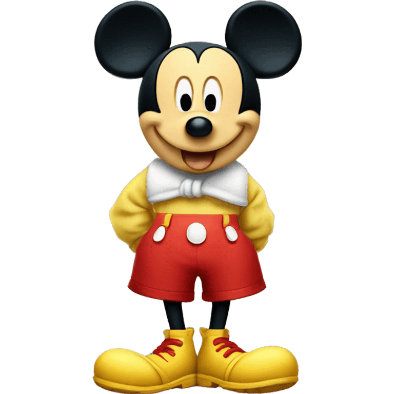 Mickey Mouse wearing red shorts and big yellow shoes, smiling happily. emoji