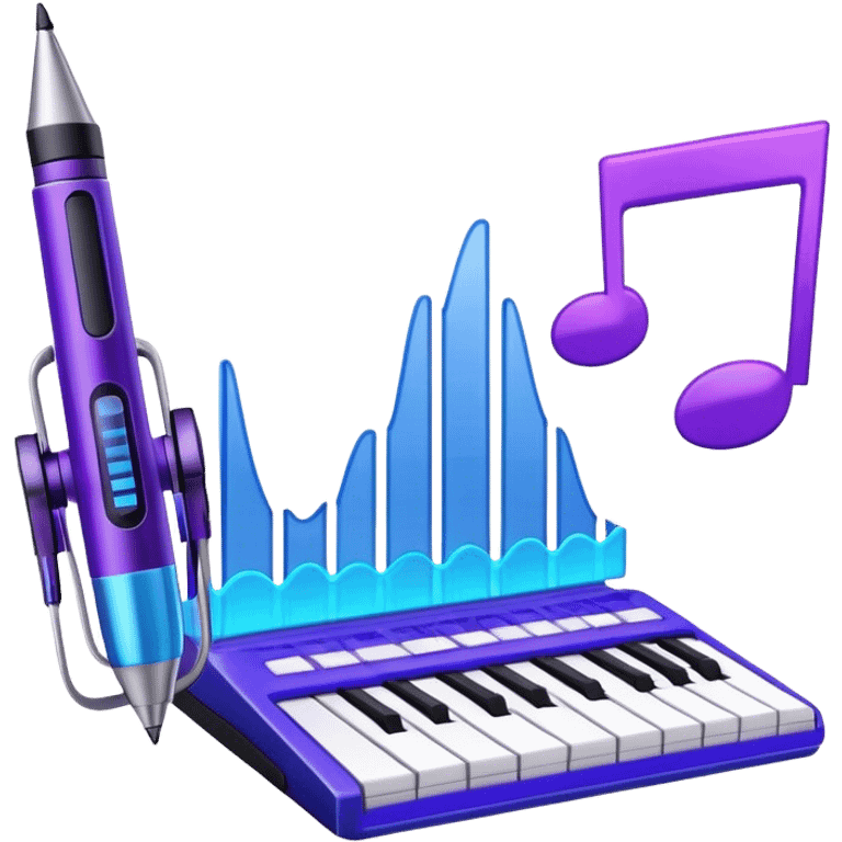 Create a creative and inspiring emoji that represents writing music tracks. The design should feature musical notes, a pen or pencil, and a digital audio workstation (DAW) interface or a computer screen with a visible waveform, symbolizing the process of composing and arranging a track. Add elements like a metronome or a pair of headphones to reflect the recording and editing aspects. Use vibrant colors like electric blue, purple, or neon green to represent creativity and innovation in music production. The background should be transparent. emoji