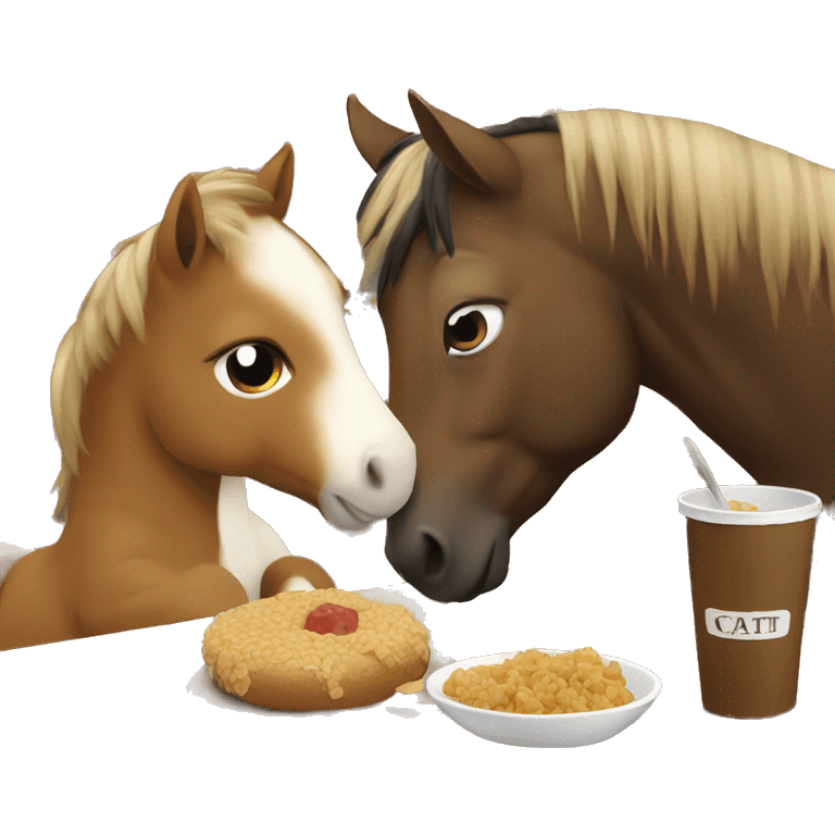 Little brown pony eating with a cat emoji