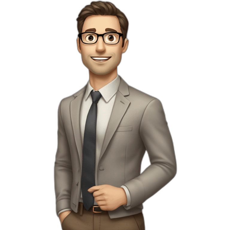 Pale skinned fit man with dark brown hair in gray jacket, beige office shirt, brown tie, brown pants and vintage glasses Writing on the marker board emoji