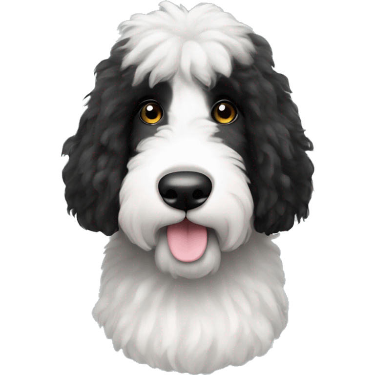 sheepadoodle with black patches on eyes but straighter hair emoji