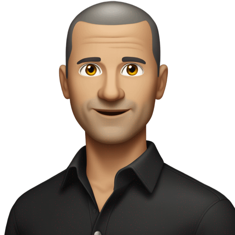 A middle-aged Italian man with olive-toned skin with buzz cut hair and no facial hair. He is wearing a sleek black smart shirt, casually unbuttoned at the top. emoji