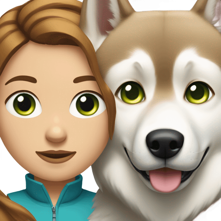 White Woman hair brown and bleus eyes and golden Husky With green eyes emoji