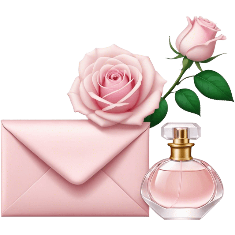 white rose next to a pearl-colored envelope and a flacon of aesthetically pleasing perfume in powder pink  emoji