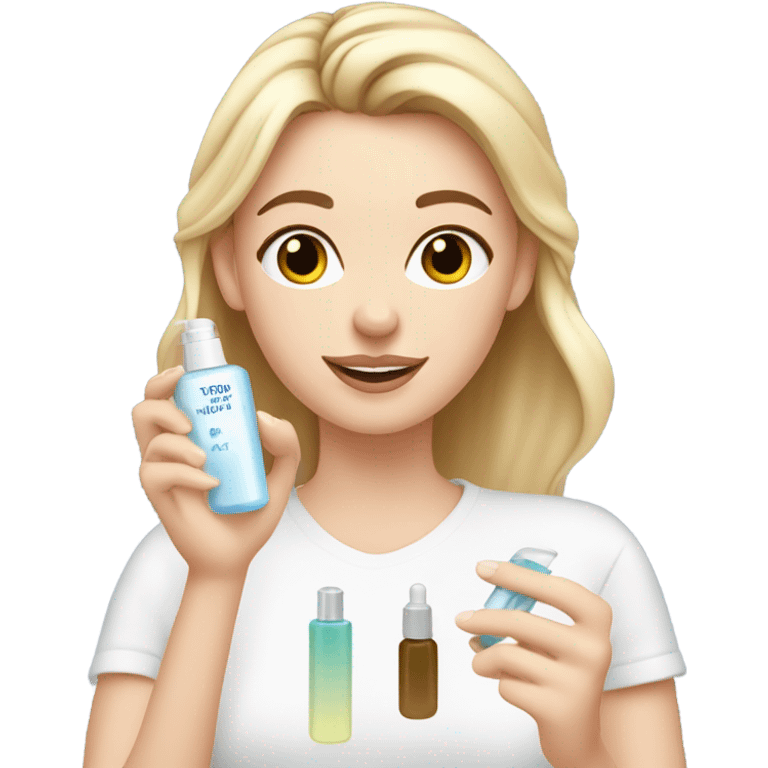 White girl doing her skincare with skincare products  emoji