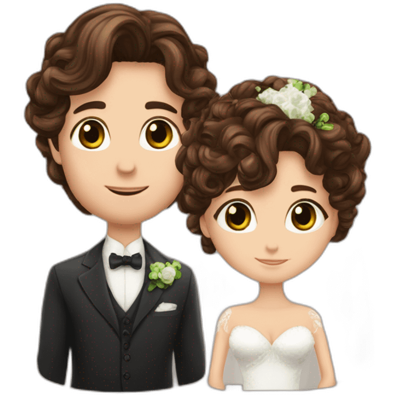 Mariage avex une femme avec les yeux verts cheveux long chatin foncé et un homme yeux marron cheveux boucle long chaton foncé emoji