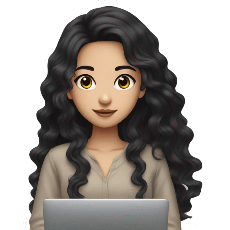 Beautiful girl,Black hair,wavy hair，long hair,Black eyes,Chinese, typing on laptop  emoji