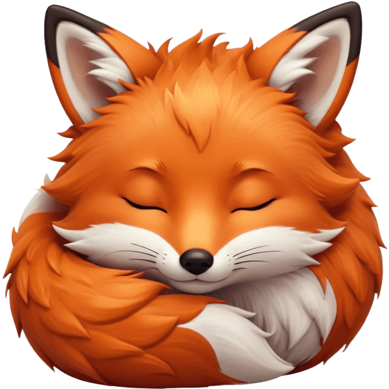 Cinematic cute sleepy fox, curled into a cozy fluffy ball, warm glowing fur, tiny black nose resting on its tail, soft breathing visible, peaceful and charming. emoji