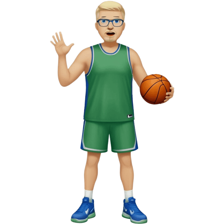 Full Body white male plus size wearing glasses with a goatee with light blonde and gray very short hair yelling basketball head Coach in blue and green wearing Nike dress gear emoji