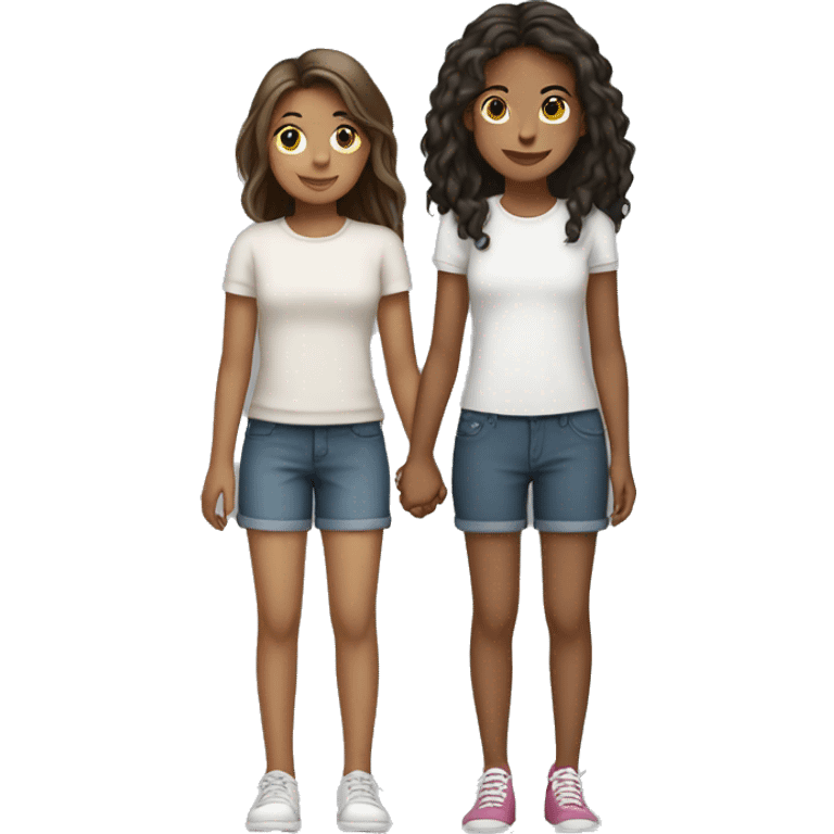 Two girls holding hands one short one tall, tall girl has long hair short girl has short hair emoji