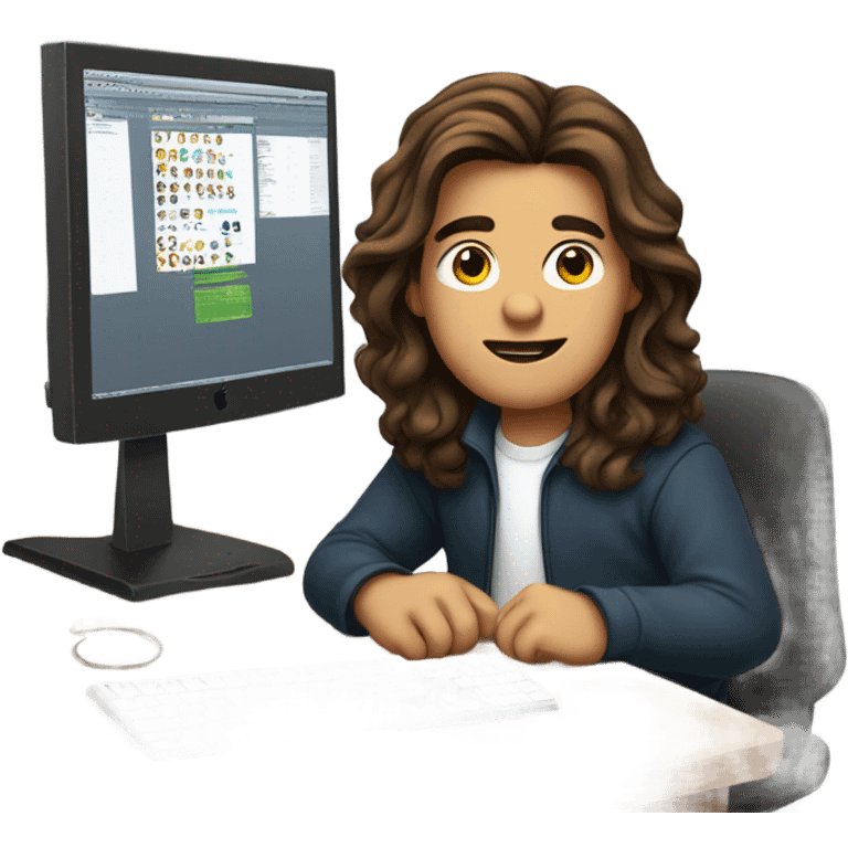 young man with long brown hair working on a mac computer emoji