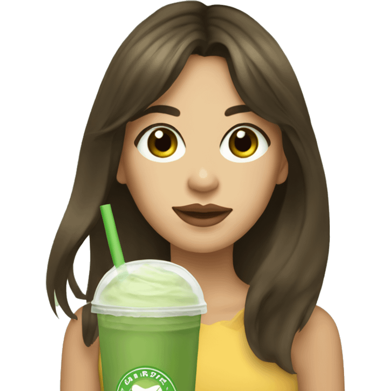 brunette girl with curtain bangs with brown eyes drinking an iced matcha latte  emoji