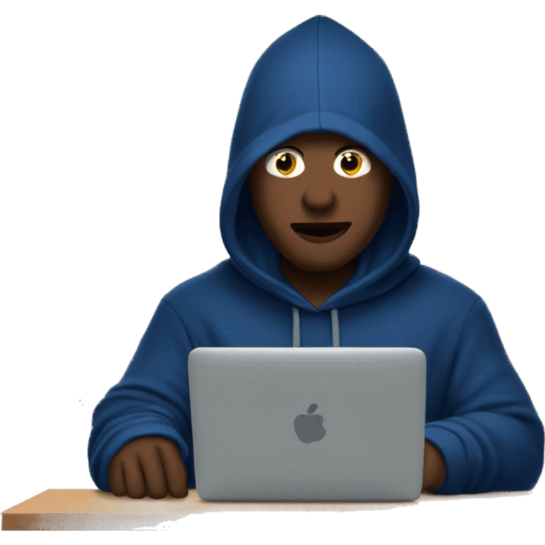 A man in a dark blue hoodie with a capelet on his head, his face not visible in the shadows, is sitting at a computer. emoji