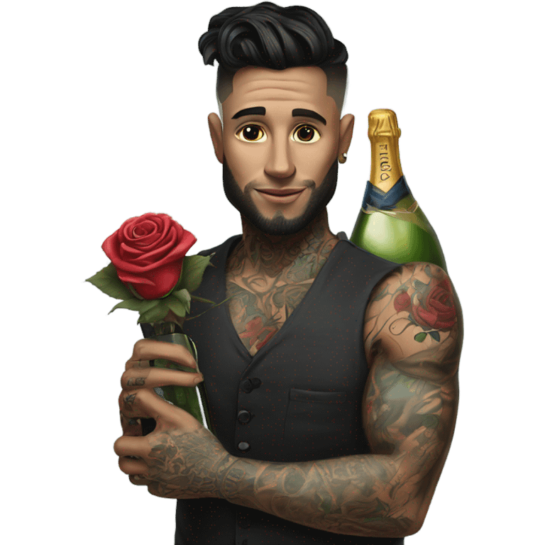 Hyper Realistic handsome tattooed man holding roses and a bottle of champagne  emoji