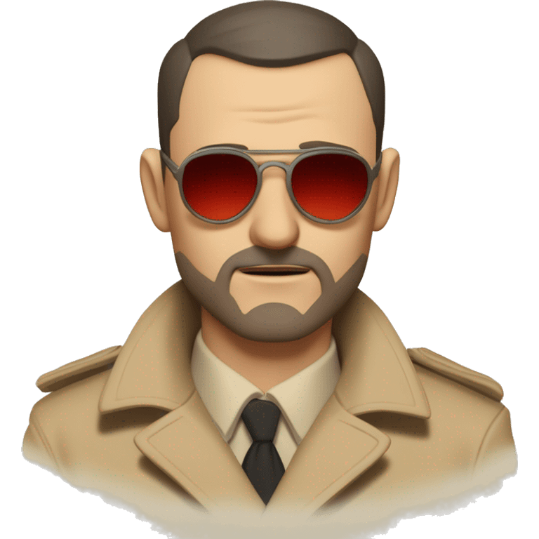 1930s investigator, a Caucasian man with short, buzz cut dark hair and a rough beard, wears tiny red-tinted sunglasses and a dirty beige trench coat. He has a serious demeanor. emoji