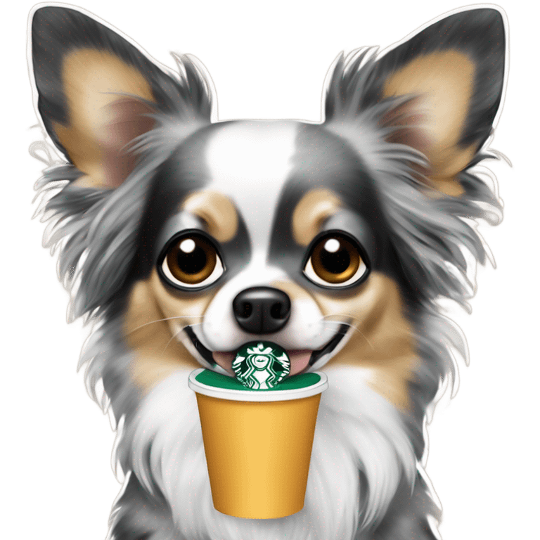 Blue black spotted Merle long hair chihuahua drinking Starbucks  emoji