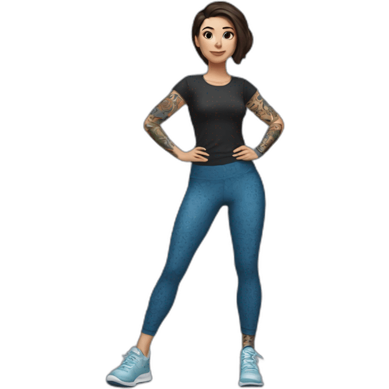 Short brunette, leggings, blue walking shoes, tattoo sleeve emoji