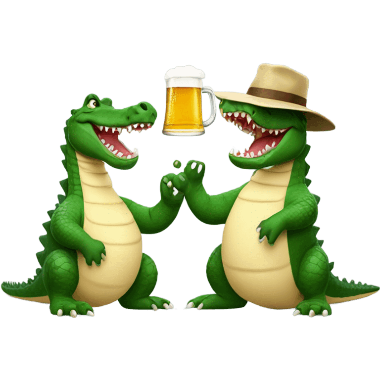 big crocodile throwing his hands in the air with a little hat on drinking beer with a kangaroo emoji