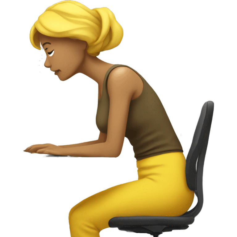 yellow woman hunched over desk with computer bad posture emoji