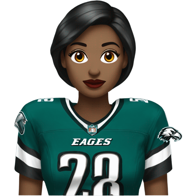  White female dark hair red lips wearing Philadelphia Eagles jersey emoji