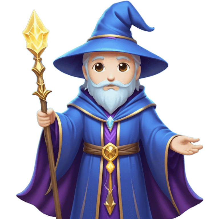 Clash of Clans aesthetic: Cinematic heroic powerful Wizard Hero Emoji, rendered in a 3D vector-style similar to standard emojis with minimal shading and bold, simplified shapes. A compact, isometric figure draped in flowing enchanted robes and wielding a mystical staff, softly glowing with an arcane magical charm. Simplified yet unmistakably iconic, highly detailed and consistent, glowing with a soft radiant glow and high shine. Stylized with a touch of whimsical sorcery and a soft glowing outline, capturing the essence of a powerful wizard ready to cast spells with a friendly, playful spirit! emoji